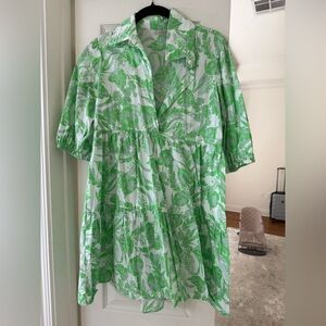 Olivaceous Leafy Green and White Dress